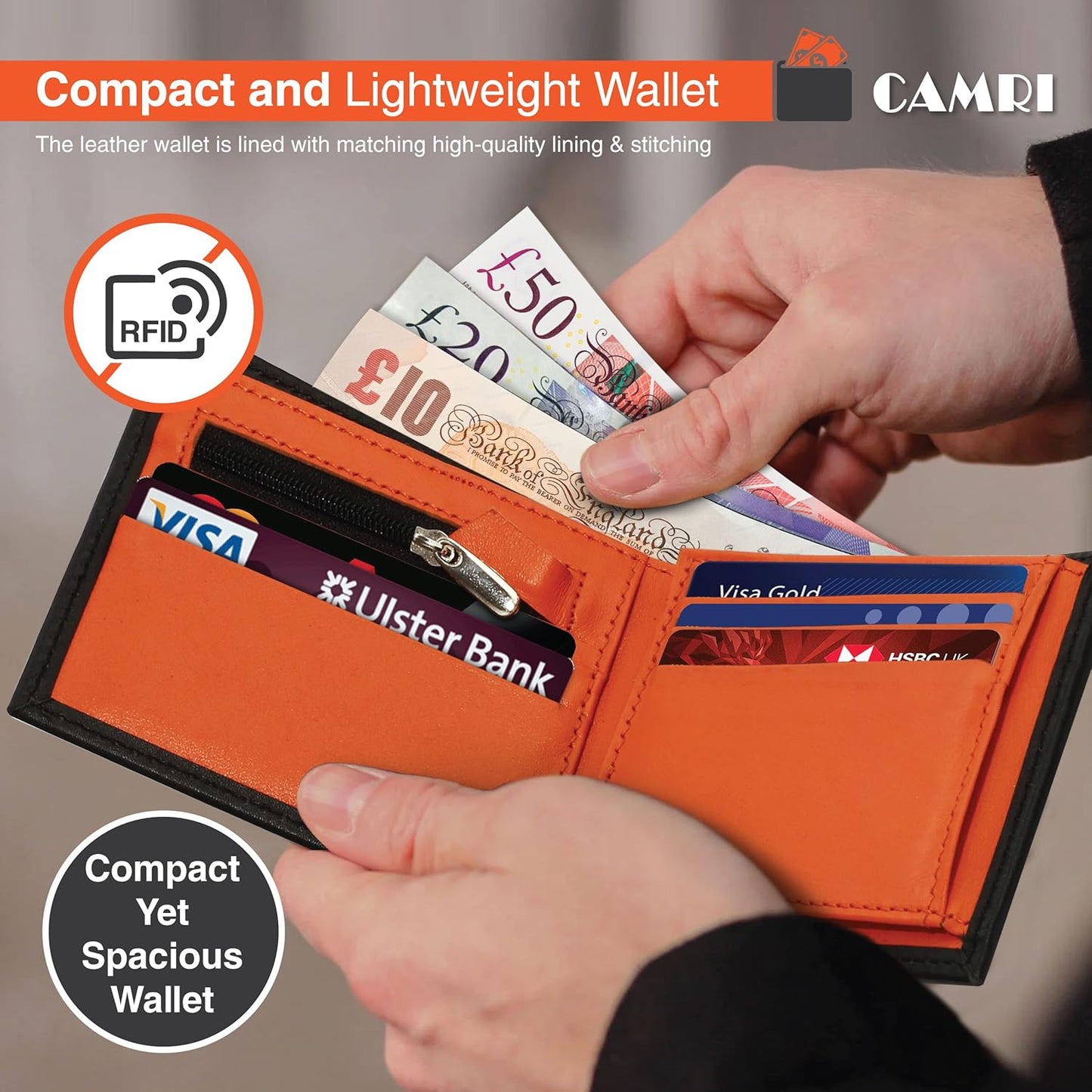 Genuine Leather Men's Wallet (Black / Orange)