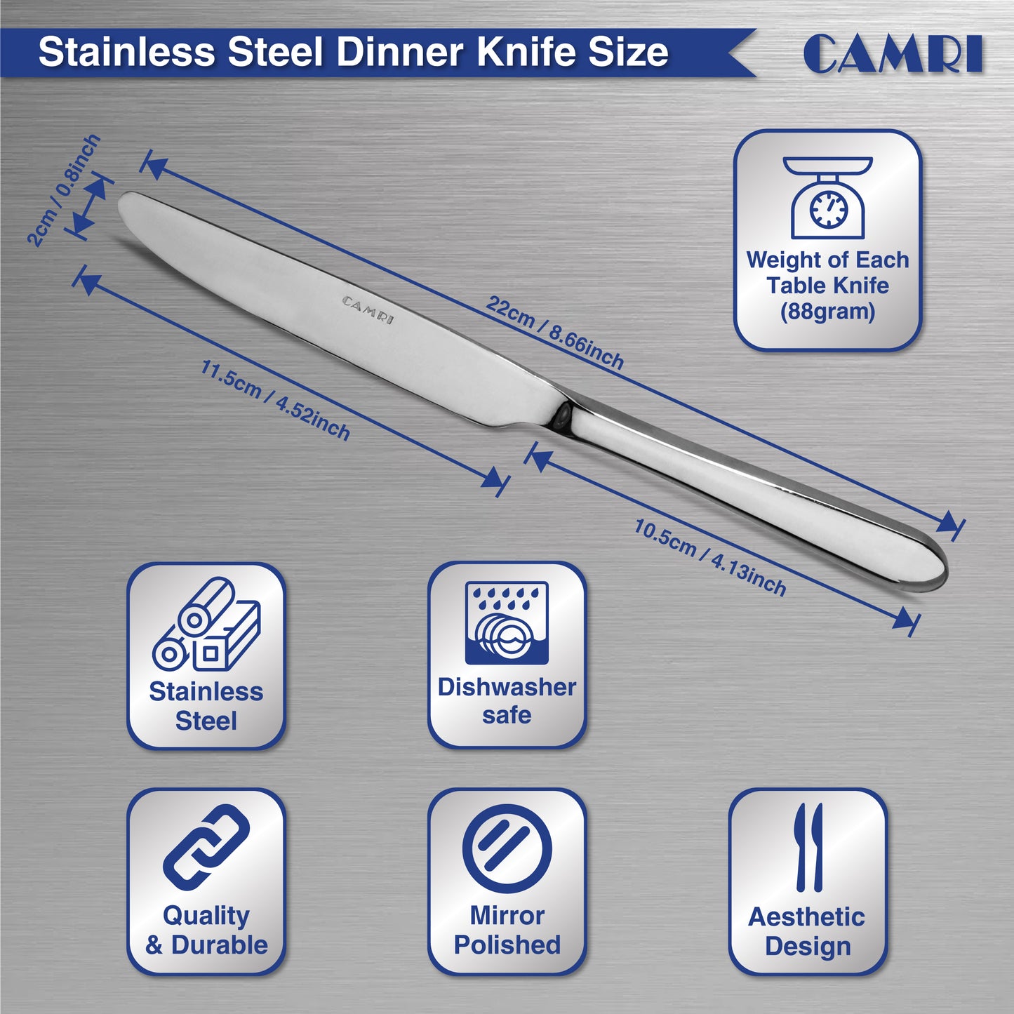 Dinner Knives - Set of 2 - High Quality Mirror Polished (Camri)