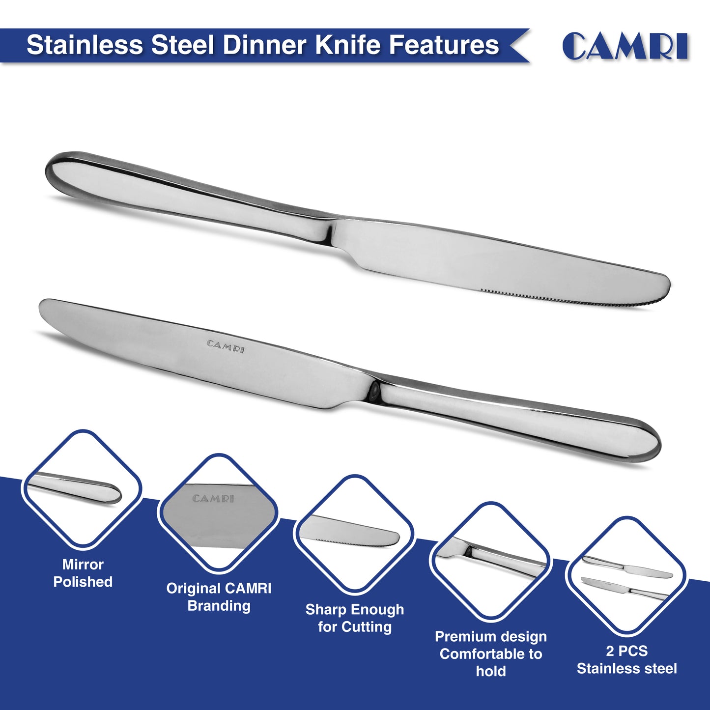 Dinner Knives - Set of 2 - High Quality Mirror Polished (Camri)