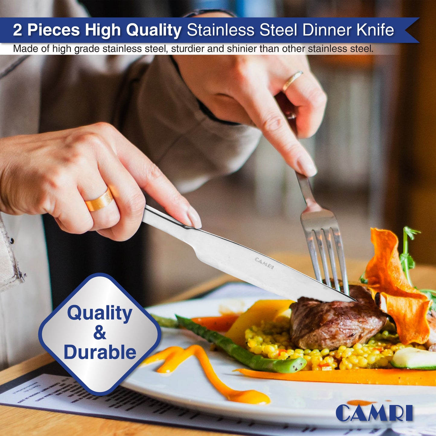 Dinner Knives - Set of 2 - High Quality Mirror Polished (Camri)